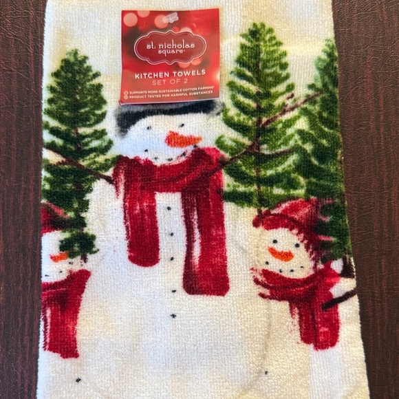 Set of 2 St. Nicholas Square Snowman and Tree Kitchen Towels - Red and Green - Picture 2 of 3